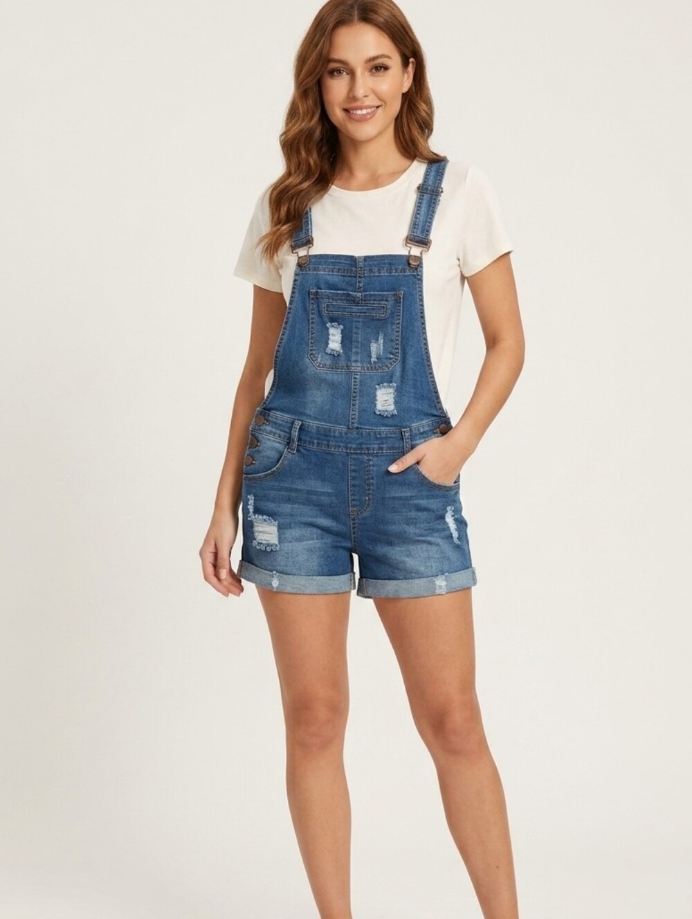 Nina Rossi Women's Distressed Boyfriend Overall Shorts, Dark Wash